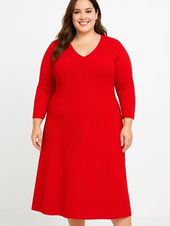 Cato Plus Size Red Ribbed Knit V-Neck Dress – Sizes 18/20 & 22/24 – MSRP $76–NWT - Picture 1 of 12